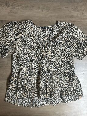 Madewell Black, Cream & Tan Floral Peplum Top